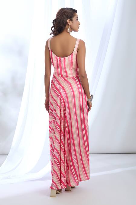 Shop_Gopi Vaid_Pink Satin Mirrors, Beads Scoop Neck Vertical Stripe Print Dress_at_Aza_Fashions