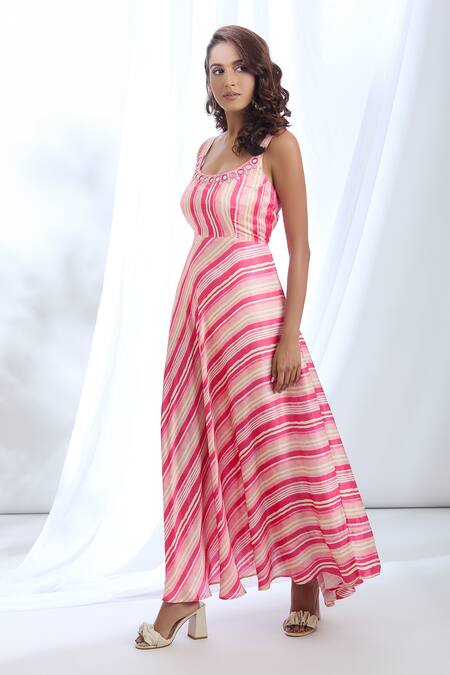 Buy_Gopi Vaid_Pink Satin Mirrors, Beads Scoop Neck Vertical Stripe Print Dress_Online_at_Aza_Fashions