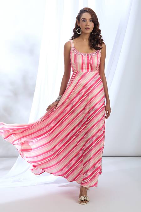 Gopi Vaid_Pink Satin Mirrors, Beads Scoop Neck Vertical Stripe Print Dress_at_Aza_Fashions