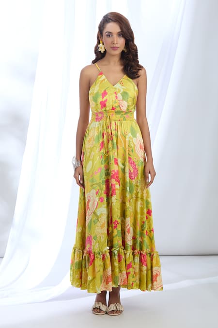 Gopi Vaid_Yellow Satin Halter Neck Botanical Print Strappy Dress_Online_at_Aza_Fashions