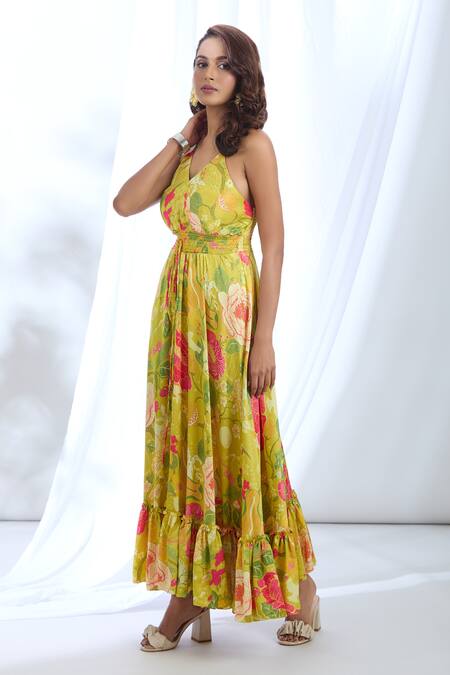 Buy_Gopi Vaid_Yellow Satin Halter Neck Botanical Print Strappy Dress_Online_at_Aza_Fashions