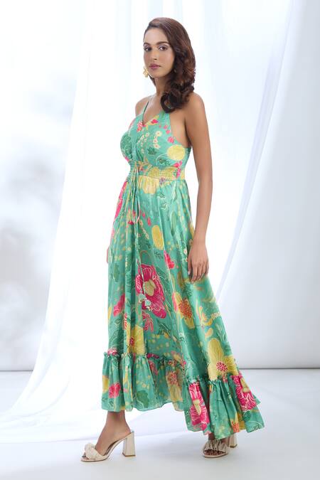 Buy_Gopi Vaid_Green Satin Halter Neck Garden Print Strappy Dress_Online_at_Aza_Fashions