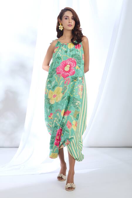 Gopi Vaid_Green Satin Halter Neck Floral Stripe Print Strappy Dress_Online_at_Aza_Fashions