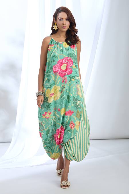 Gopi Vaid_Green Satin Halter Neck Floral Stripe Print Strappy Dress_at_Aza_Fashions