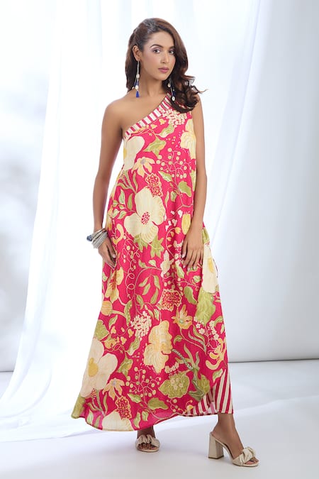 Gopi Vaid One Shoulder Printed Dress 