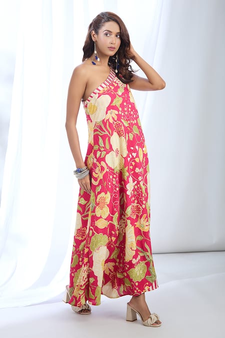 Gopi Vaid_Pink Satin One Shoulder Printed Dress_Online_at_Aza_Fashions