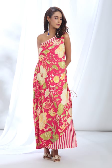 Gopi Vaid_Pink Satin One Shoulder Printed Dress_at_Aza_Fashions