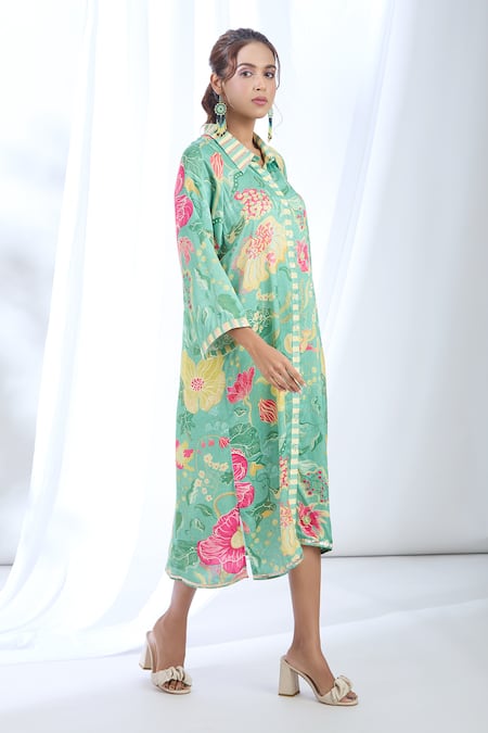 Gopi Vaid_Green Satin Embroidery Collared Garden Print Shirt Dress_Online_at_Aza_Fashions