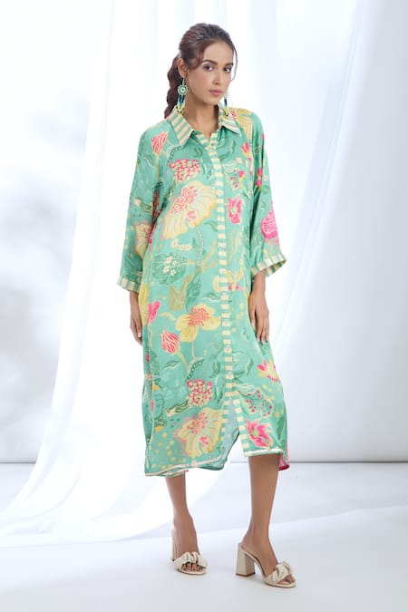 Buy_Gopi Vaid_Green Satin Embroidery Collared Garden Print Shirt Dress_Online_at_Aza_Fashions