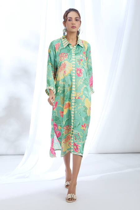 Shop_Gopi Vaid_Green Satin Embroidery Collared Garden Print Shirt Dress_Online_at_Aza_Fashions