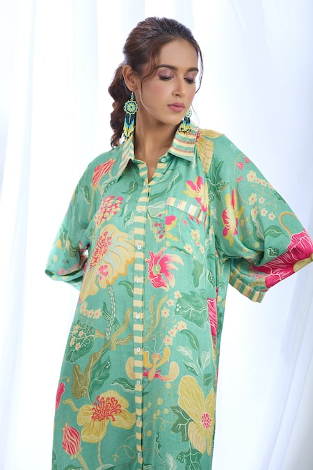Gopi Vaid_Green Satin Embroidery Collared Garden Print Shirt Dress_at_Aza_Fashions