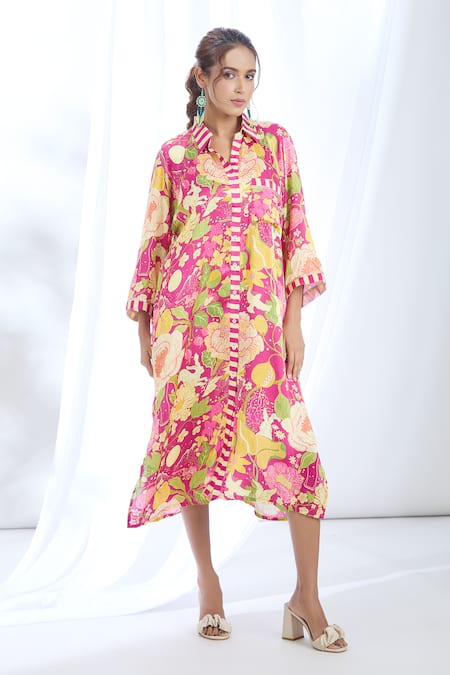 Gopi Vaid Pink Satin Printed Flower Collar Shirt Dress 