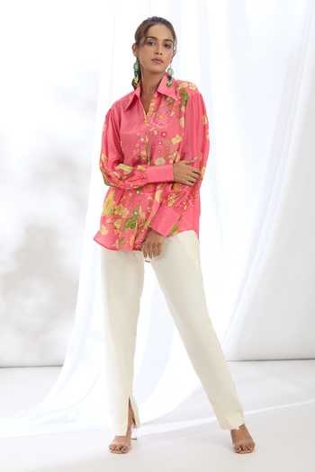 Gopi Vaid_Pink Satin Collared Botanical Print Shirt_Online_at_Aza_Fashions