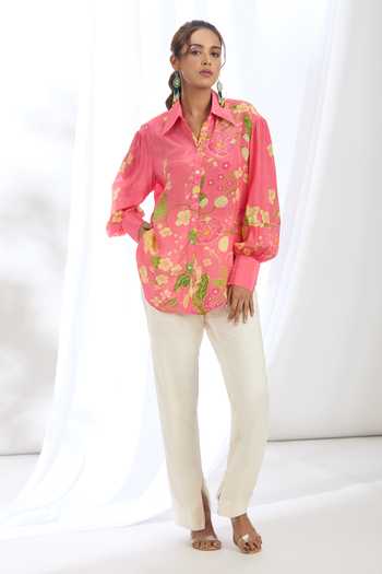 Buy_Gopi Vaid_Pink Satin Collared Botanical Print Shirt_Online_at_Aza_Fashions