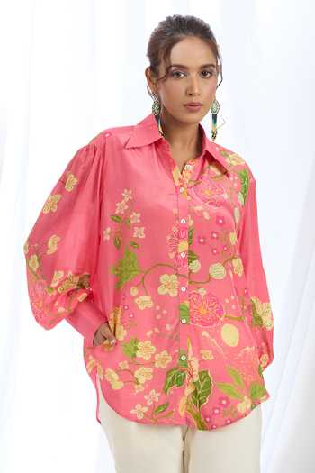 Shop_Gopi Vaid_Pink Satin Collared Botanical Print Shirt_Online_at_Aza_Fashions