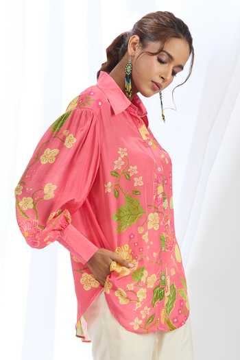 Gopi Vaid_Pink Satin Collared Botanical Print Shirt_at_Aza_Fashions