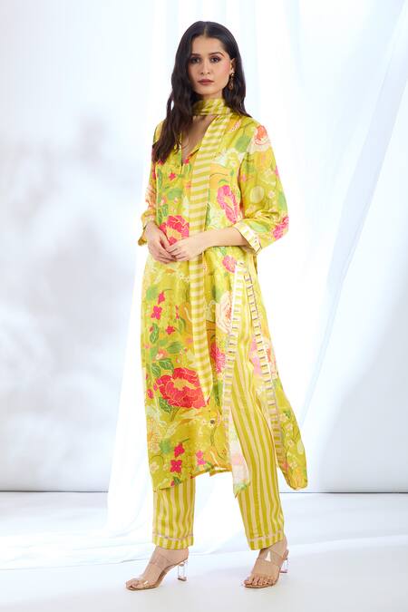 Gopi Vaid_Yellow Satin Gota Patti Collared Floral Print Kurta And Pant Set_Online_at_Aza_Fashions