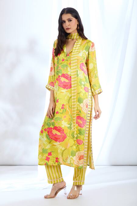 Buy_Gopi Vaid_Yellow Satin Gota Patti Collared Floral Print Kurta And Pant Set_Online_at_Aza_Fashions