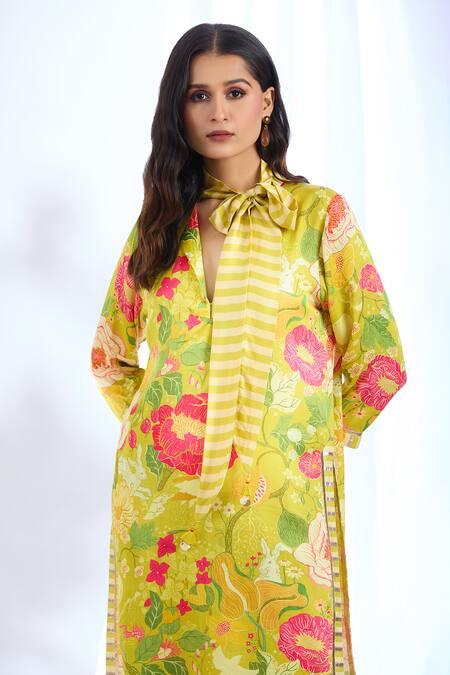 Gopi Vaid_Yellow Satin Gota Patti Collared Floral Print Kurta And Pant Set_at_Aza_Fashions