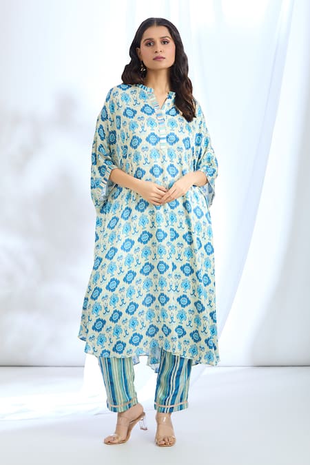 Gopi Vaid Blue Satin Printed Ikat Collar Kaftan With Pant 