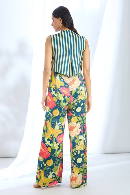 Shop Gopi Vaid Blue Satin Open Neck, Floral Pattern Jumpsuit And Jacket Set at Aza Fashions Shop_Gopi Vaid_Blue Satin Open Neck, Floral Pattern Jumpsuit And Jacket Set_at_Aza_Fashions