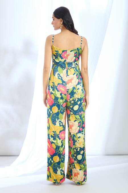 Gopi Vaid Blue Satin Open Neck, Floral Pattern Jumpsuit And Jacket Set Online at Aza Fashions Gopi Vaid_Blue Satin Open Neck, Floral Pattern Jumpsuit And Jacket Set_Online_at_Aza_Fashions