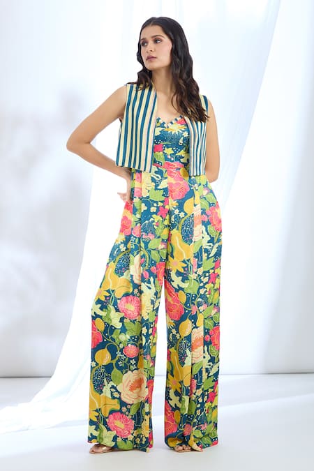 Buy Gopi Vaid Blue Satin Open Neck, Floral Pattern Jumpsuit And Jacket Set Online at Aza Fashions Buy_Gopi Vaid_Blue Satin Open Neck, Floral Pattern Jumpsuit And Jacket Set_Online_at_Aza_Fashions