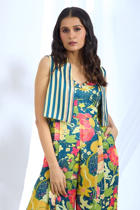 Shop Gopi Vaid Blue Satin Open Neck, Floral Pattern Jumpsuit And Jacket Set Online at Aza Fashions Shop_Gopi Vaid_Blue Satin Open Neck, Floral Pattern Jumpsuit And Jacket Set_Online_at_Aza_Fashions