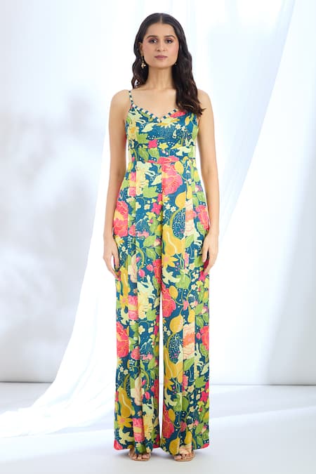 Gopi Vaid Blue Satin Open Neck, Floral Pattern Jumpsuit And Jacket Set at Aza Fashions Gopi Vaid_Blue Satin Open Neck, Floral Pattern Jumpsuit And Jacket Set_at_Aza_Fashions