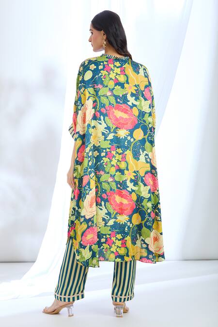 Shop Gopi Vaid Blue Satin Embroidery Round Neck Floral Pattern Kaftan With Pant at Aza Fashions Shop_Gopi Vaid_Blue Satin Embroidery Round Neck Floral Pattern Kaftan With Pant_at_Aza_Fashions