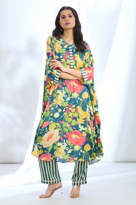 Gopi Vaid Blue Satin Embroidery Round Neck Floral Pattern Kaftan With Pant Online at Aza Fashions Gopi Vaid_Blue Satin Embroidery Round Neck Floral Pattern Kaftan With Pant_Online_at_Aza_Fashions