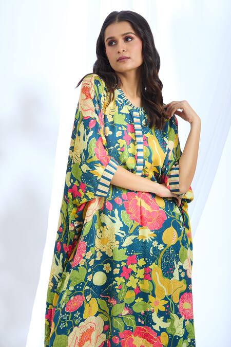 Buy Gopi Vaid Blue Satin Embroidery Round Neck Floral Pattern Kaftan With Pant Online at Aza Fashions Buy_Gopi Vaid_Blue Satin Embroidery Round Neck Floral Pattern Kaftan With Pant_Online_at_Aza_Fashions