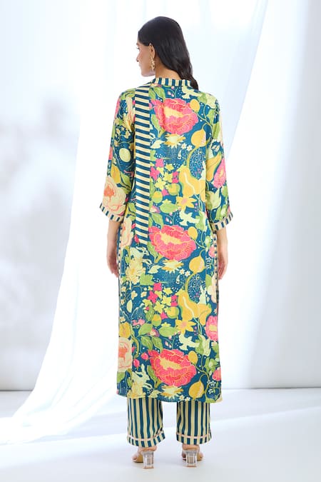 Shop_Gopi Vaid_Blue Satin Printed Stripe Collar Floral Kurta Set _at_Aza_Fashions