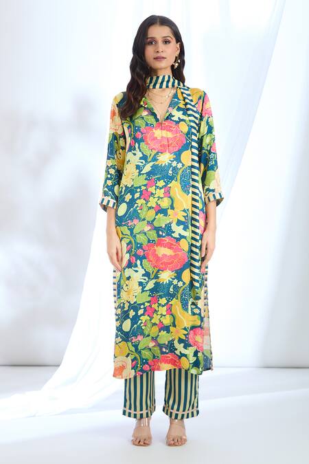 Buy_Gopi Vaid_Blue Satin Printed Stripe Collar Floral Kurta Set _Online_at_Aza_Fashions
