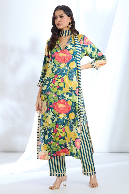 Shop_Gopi Vaid_Blue Satin Printed Stripe Collar Floral Kurta Set _Online_at_Aza_Fashions