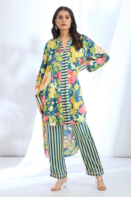 Gopi Vaid Floral Print Asymmetric Tunic & Pant Set 