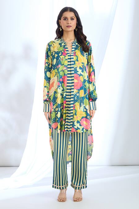 Buy Gopi Vaid Blue Satin Collared Floral Print Asymmetric Tunic And Pant Set Online at Aza Fashions Buy_Gopi Vaid_Blue Satin Collared Floral Print Asymmetric Tunic And Pant Set_Online_at_Aza_Fashions