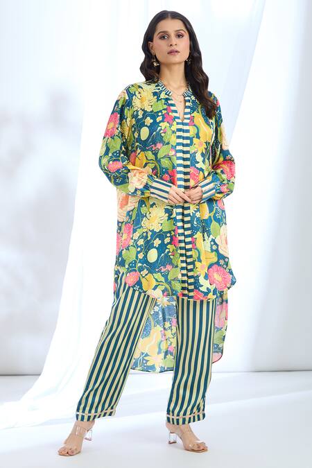 Shop Gopi Vaid Blue Satin Collared Floral Print Asymmetric Tunic And Pant Set Online at Aza Fashions Shop_Gopi Vaid_Blue Satin Collared Floral Print Asymmetric Tunic And Pant Set_Online_at_Aza_Fashions