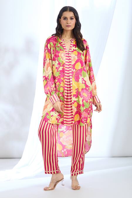 Gopi Vaid_Pink Satin Collared Floral Print Tunic And Pant Set_Online_at_Aza_Fashions