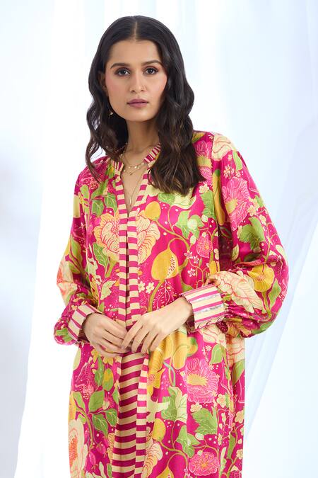 Buy_Gopi Vaid_Pink Satin Collared Floral Print Tunic And Pant Set_Online_at_Aza_Fashions