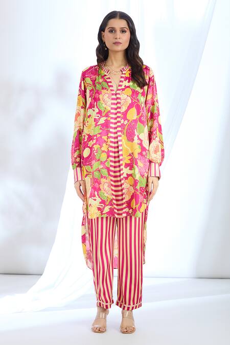 Shop_Gopi Vaid_Pink Satin Collared Floral Print Tunic And Pant Set_Online_at_Aza_Fashions