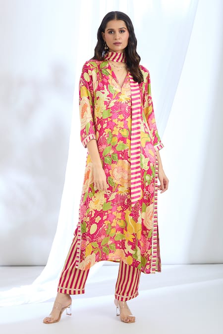 Gopi Vaid Pink Satin Printed Stripe Collar Floral Pattern Kurta Pant Set 