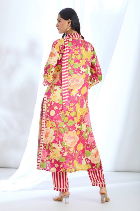 Shop_Gopi Vaid_Pink Satin Printed Stripe Collar Floral Pattern Kurta Pant Set _at_Aza_Fashions