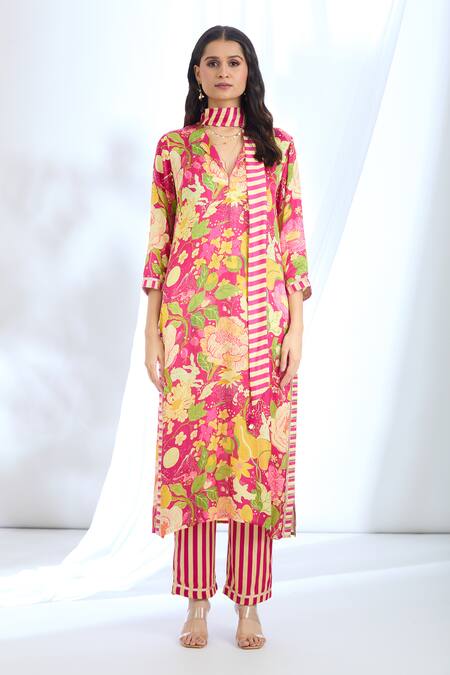Gopi Vaid_Pink Satin Printed Stripe Collar Floral Pattern Kurta Pant Set _Online_at_Aza_Fashions