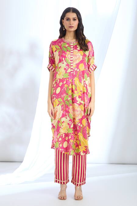 Buy_Gopi Vaid_Pink Satin Gota Patti, Embroidery Round Neck Floral Pattern Kaftan And Pant Set_Online_at_Aza_Fashions