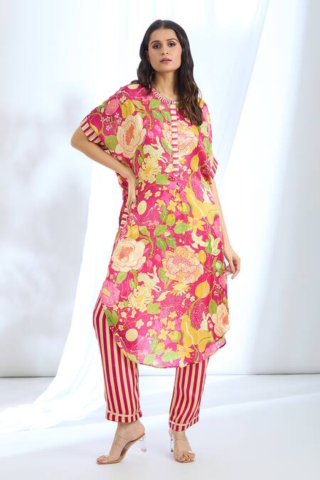 Shop_Gopi Vaid_Pink Satin Gota Patti, Embroidery Round Neck Floral Pattern Kaftan And Pant Set_Online_at_Aza_Fashions