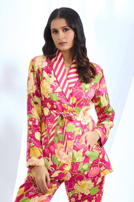 Buy_Gopi Vaid_Pink Satin Floral Print Overlapping Blazer With Pant_Online_at_Aza_Fashions