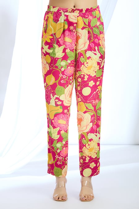 Shop_Gopi Vaid_Pink Satin Floral Print Overlapping Blazer With Pant_Online_at_Aza_Fashions