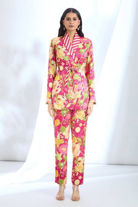 Gopi Vaid_Pink Satin Floral Print Overlapping Blazer With Pant_at_Aza_Fashions
