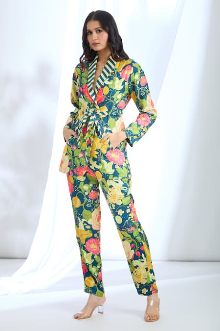 Gopi Vaid Floral Print Overlapping Blazer & Pant Set 